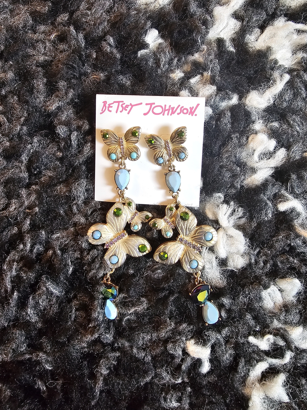 Betsey Johnson Buggin Out Gold-Tone Blue & Green Crystal Butterfly Drop Earrings